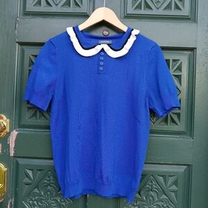 Modcloth Royal Blue Womens Sweater With White Ruffle Collar Detail